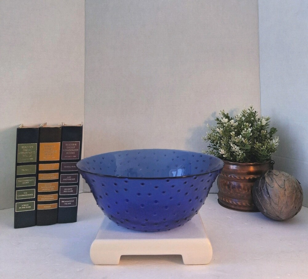 VTG MCM Cobalt Blue Art Glass Hobnail Serving Bowl - EUC